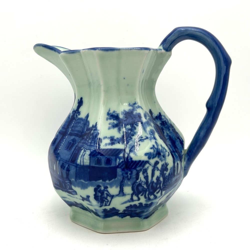 Vintage Victoria Ware Ironstone Flow Blue Scenic Pitcher Octagonal Paneled 8 in
